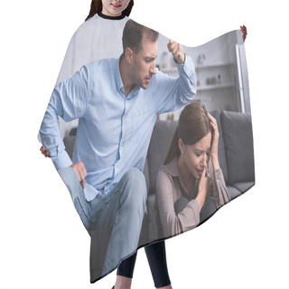 Personality  Aggressive Man In Shirt Beating Scared Wife During Quarrel Hair Cutting Cape