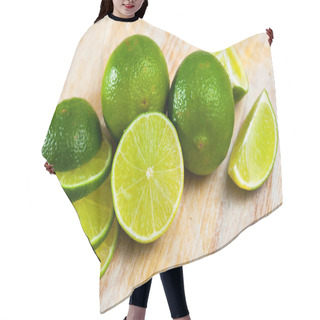 Personality  Picture Of Cut Fresh Raw Green Limes On Wooden Table In Home Kitchen Hair Cutting Cape