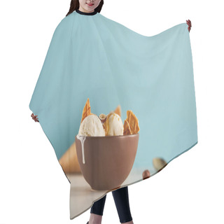 Personality  Bowl Of Delicious Ice Cream With Pieces Of Waffle On Blue With Copyspace Hair Cutting Cape