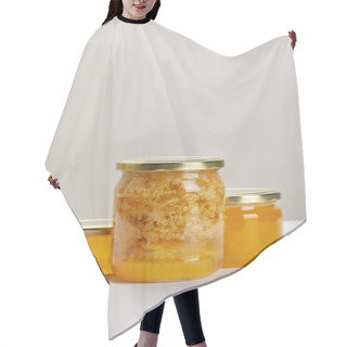 Personality  Close Up View Of Glass Jars With Honey On White Surface On Grey Backdrop Hair Cutting Cape