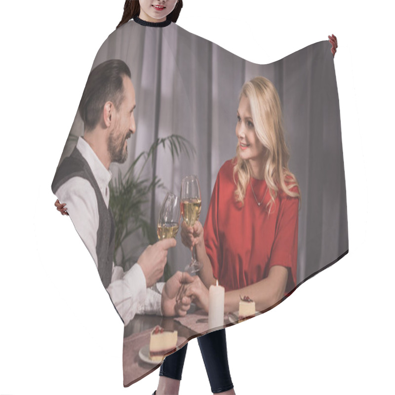 Personality  Happy Couple Clinking With Glasses Of Wine At Home Hair Cutting Cape