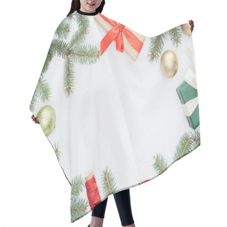 Personality  Flat Lay With Arranged Pine Tree Branches, Gifts And Christmas Toys Isolated On White Hair Cutting Cape