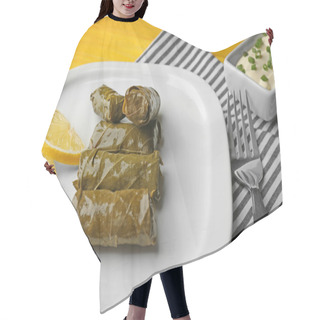 Personality  A Plate Of Delicious Stuffed Dolma With Sauce And Lemon On Yellow Wooden Background Hair Cutting Cape