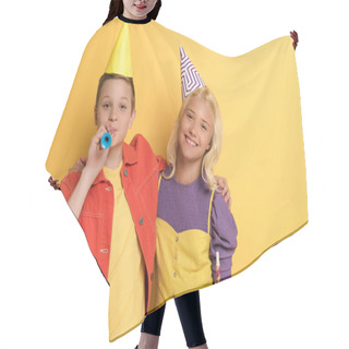 Personality  Kid With Party Cap Blowing In Party Horn And Hugging Smiling Friend On Yellow Background  Hair Cutting Cape