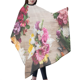 Personality  Partial View Of Florist Holding Bouquet Of Fresh Flowers On Wooden Surface Hair Cutting Cape