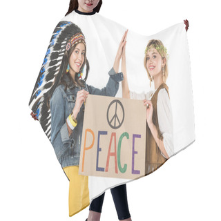 Personality  Two Smiling Bisexual Hippie Girls In Indian Headdress And Wreath Holding Placard With Inscription And Touching Hands Isolated On White Hair Cutting Cape