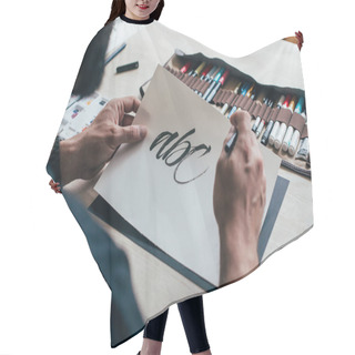 Personality  Man Learning Calligraphy Lettering Handwriting On Drawing Paper At Table With Pencil Case Hair Cutting Cape