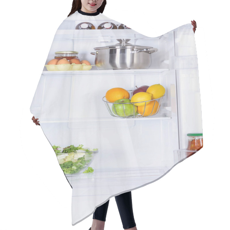 Personality  Ripe Fruits, Salad, Pan And Eggs In Fridge  Hair Cutting Cape