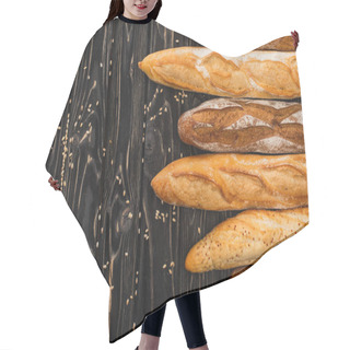Personality  Top View Of Fresh Baked Baguette Loaves On Wooden Black Surface Hair Cutting Cape