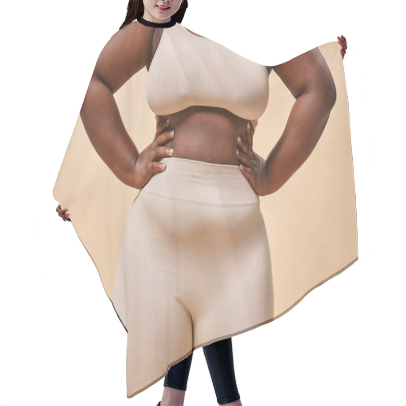 Personality  Cropped Plus Size Woman In Underwear Posing On Beige Backdrop, Body Positive And Female Empowerment Hair Cutting Cape