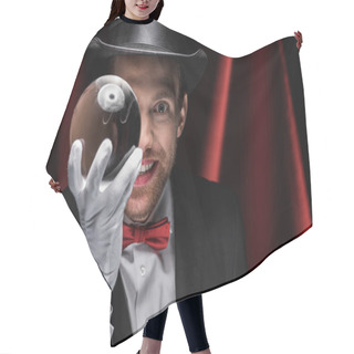 Personality  Smiling Magician Holding Magic Ball In Circus With Red Curtains Hair Cutting Cape