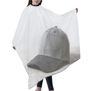 Personality  One Grey Cap On Wooden Table On White  Hair Cutting Cape