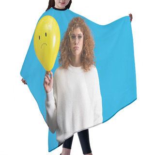 Personality  Sad Girl Holding Yellow Balloon With Upset Face, Isolated On Blue Hair Cutting Cape