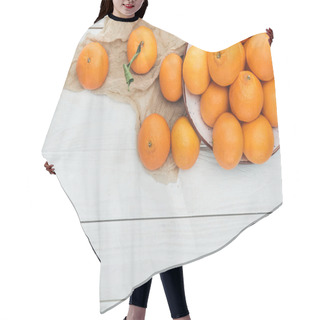 Personality  Top View Of Scattered Tangerines Near Plate With Cloth On Wooden White Background Hair Cutting Cape