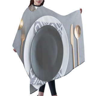 Personality  Top View Of Black Empty Plate, Napkin And Old Fashioned Tarnished Cutlery On Tabletop Hair Cutting Cape