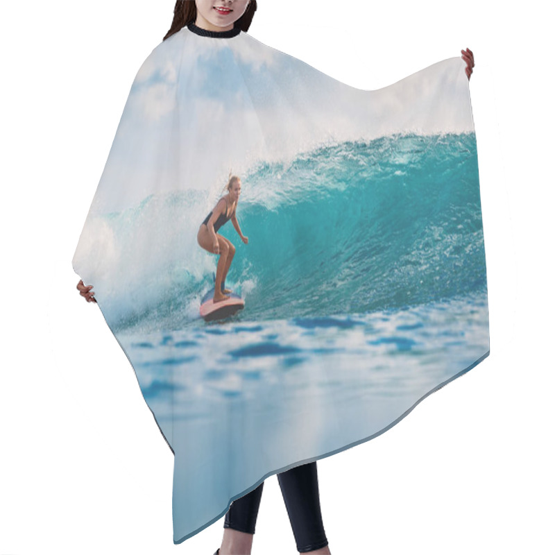 Personality  Beautiful Surfer Woman On Surfboard In Ocean On Blue Sky Background  Hair Cutting Cape