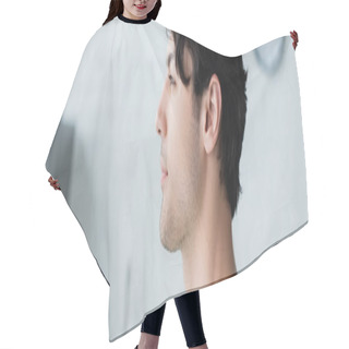 Personality  Profile Of Young Brunette Man On Blurred Background, Banner Hair Cutting Cape