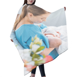 Personality  Side View Of Smiling Young Mother Breastfeeding Newborn Baby On Bed In Hospital Room  Hair Cutting Cape