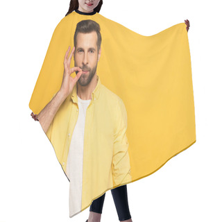 Personality  Handsome Man Using Sign Language And Looking At Camera On Yellow Background Hair Cutting Cape