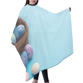 Personality  Nest And Colorful Chicken And Quail Eggs On Blue Background Hair Cutting Cape