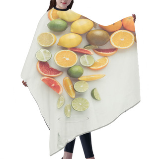 Personality  Heap Of Citrus Fruits And Glass Isolated On White Background Hair Cutting Cape