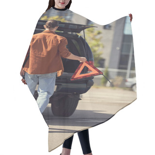 Personality  Back View Of Young Man In Brown Shirt Walking To His Car With Warning Triangle In Hands, Sexy Driver Hair Cutting Cape