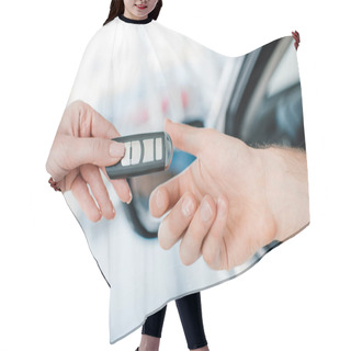 Personality  Customer And Salesman With Car Key   Hair Cutting Cape
