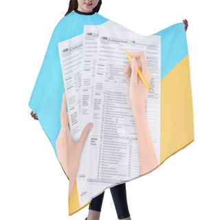 Personality  Partial View Of Woman Filling Tax Forms On Blue And Yellow Background Hair Cutting Cape