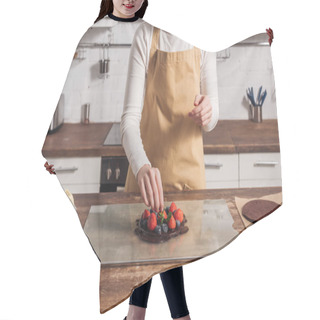 Personality  Partial View Of Woman In Apron Preparing Delicious Cake With Berries In Kitchen   Hair Cutting Cape
