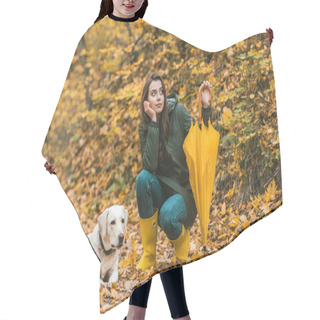 Personality  Attractive Girl With Yellow Umbrella Siting Near Golden Retriever In Autumnal Forest  Hair Cutting Cape