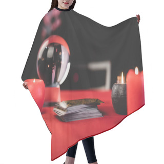 Personality  Tarot Cards Near Burning Candles And Blurred Orb On Black  Hair Cutting Cape