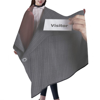 Personality  Businessman Attaching Visitor Badge To Jacket Hair Cutting Cape