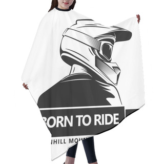 Personality  Back Shot Of Man With Full Face Motocross Helmet. Extreme Sport Logo Template. Place For Text. Downhill Mountain Biking. Hair Cutting Cape