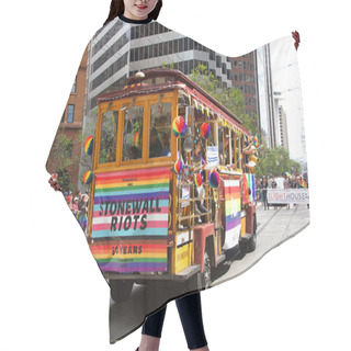 Personality  San Francisco, CA - June 30, 2019: Participants Of The 49th Annual Gay Pride Parade, One Of The Oldest And Largest LGBTQIA Parades In The World, Over 200 Contingents And More Than 100,000 Spectators Hair Cutting Cape