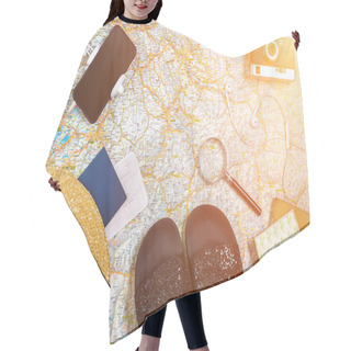 Personality  Accessories For Travel. Passport, Hat, Smart Phone And Travel Map. Top View. Sun Flare Hair Cutting Cape
