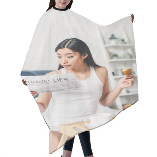 Personality  Selective Focus Of Asian Woman Reading News And Holding Croissant Near Strawberries And Coffee On Breakfast Tray On Bed  Hair Cutting Cape