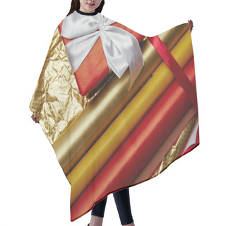 Personality  Top View Of Present With Ribbon And Bright Wrapping Papers On White Backdrop Hair Cutting Cape
