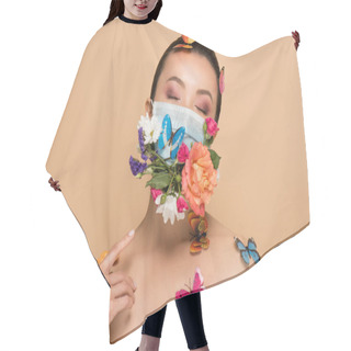 Personality  Beautiful Tender Naked Asian Girl With Closed Eyes In Floral Face Mask With Butterflies Isolated On Beige Hair Cutting Cape
