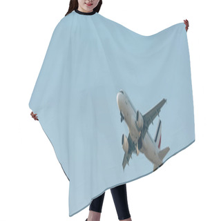 Personality  Flight Departure Of Airplane In Blue Sky With Copy Space, Panoramic Shot  Hair Cutting Cape