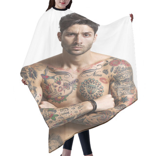 Personality  Sexy Tattooed Man Portrait With Crossed Arms Hair Cutting Cape