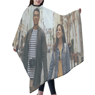 Personality  Smiling Multiethnic Tourists Holding Hands On Urban Street  Hair Cutting Cape