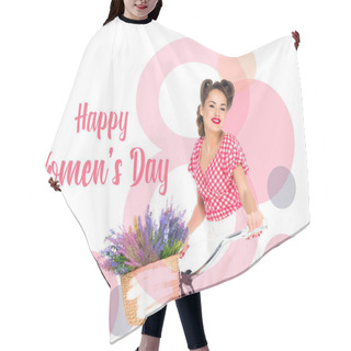 Personality  Happy Women`s Day Greeting Card With Attractive Pin Up Woman On Bicycle With Basket Of Flowers Isolated On White Hair Cutting Cape