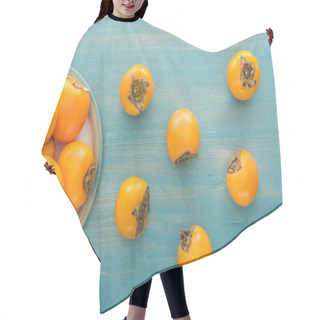 Personality  Top View Of Orange Whole Persimmons On White Plate And On Blue Background Hair Cutting Cape