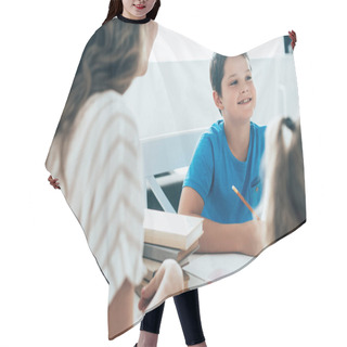 Personality  Partial View Of Mother And Kids Doing Homework Together At Home Hair Cutting Cape