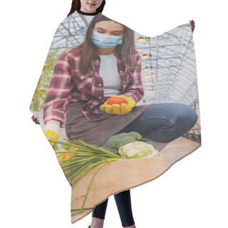 Personality  Young Farmer In Medical Mask And Gloves Taking Fresh Vegetables From Box In Greenhouse  Hair Cutting Cape