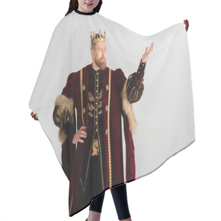 Personality  King With Crown Pointing With Hand Isolated On Grey Hair Cutting Cape