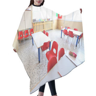 Personality  Nursery Classroom With School Desks And Small Red Chairs Hair Cutting Cape