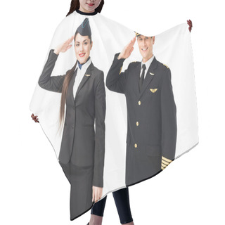 Personality  Airline Captain And Stewardess Saluting Isolated On White Hair Cutting Cape