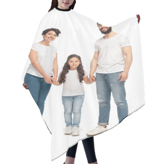 Personality  Latin Parents Holding Hands With Adorable Daughter Isolated On White  Hair Cutting Cape
