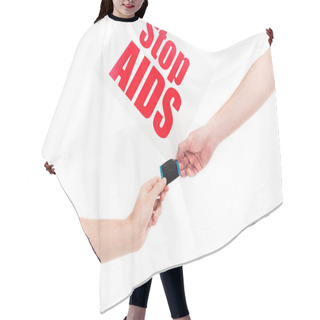 Personality  Cropped Image Of Girlfriend And Boyfriend Holding Condom, Card With Stop Aids Text Isolated On White Hair Cutting Cape